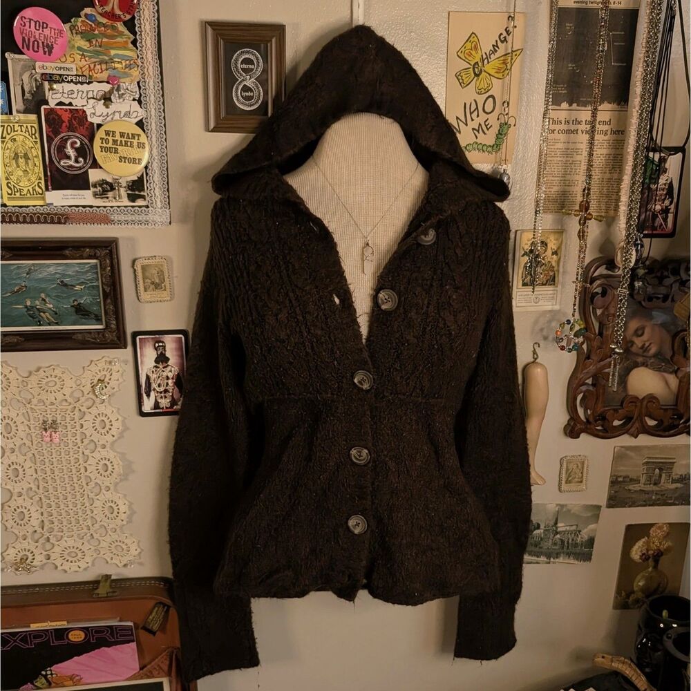 Vintage Button Up Hoodie Sweater Women's Medium Dark Brown